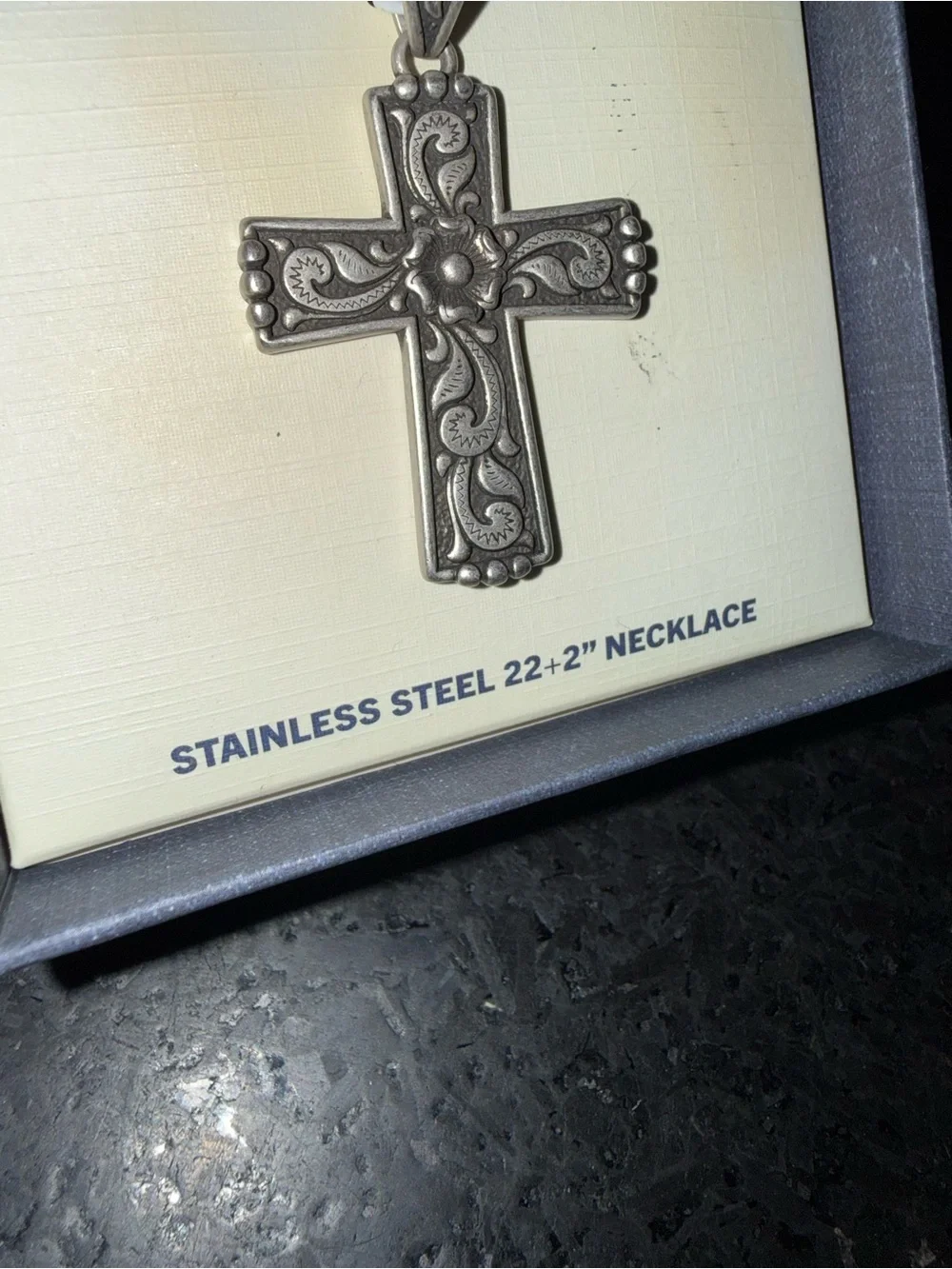 NEW True Religion Stainless Steel 22” + 2” Silver Ornate Filigree Cross Necklace